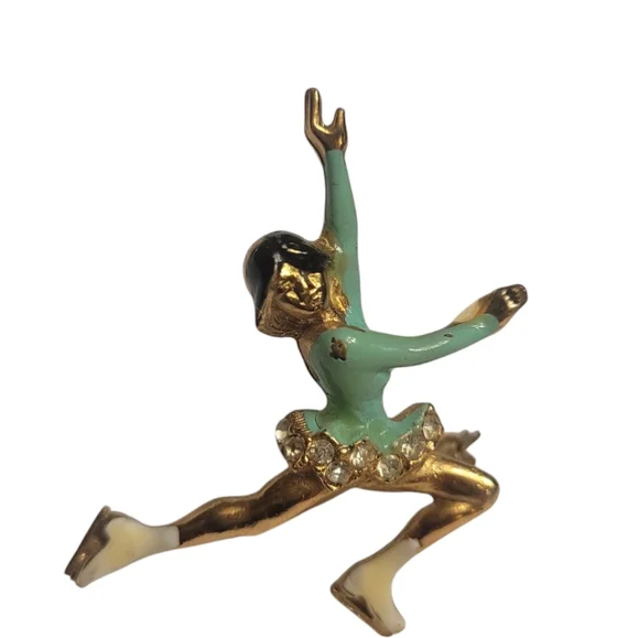 Vintage Gold and Green Ice Skater Brooch - Picture 6 of 7